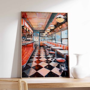 Impresión de restaurante americano retro, póster de restaurante americano, arte de comida y bebida, póster de cocina, decoración de cocina, arte de pared retro de los años 70, póster de comida