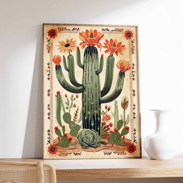 Vintage Mexican Cactus Poster, Colourful Mexican Art Print, Traditional Mexican Artwork, Floral Vintage Poster, Latin Decor, Mexican Gift