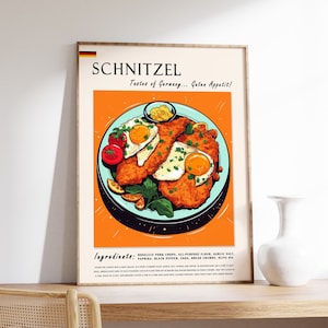 Österreichisches Schnitzel Essen Poster, Österreichischer Essensdruck, Europäisches Essen Poster, Küchendeko, Food Art, Retro Print, Essen Geschenk, Österreichisches Geschenk