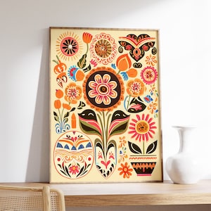 Mexican Floral Poster, Mexican Art Print, Floral Wall Art, Psychedelic Poster, Latin American Artesanía, Vintage Mexican Decor, Gift Idea