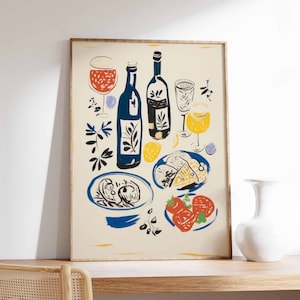 Vintage Wine and Food Print, Retro Food Art, Vintage Kitchen Poster, Kitchen Decor, Food Illustration Art, Food Poster, Gift for Chef