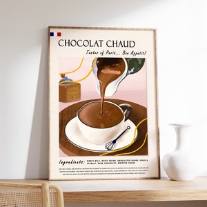 French Chocolate Chaud Food Poster, Hot Chcocolate Dessert Print, French Art, Kitchen Decor, Cooking Poster, Retro Food Print, Food Gift