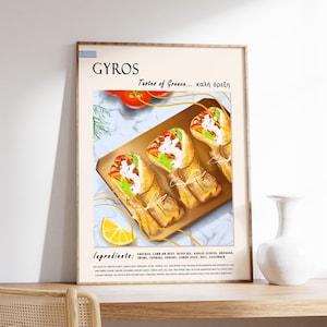 Greek Gyros Food Poster, Greek Food Print, Kitchen Decor, Food and Drink Art, Greece Gift, Food Gift, Mediterranean Food Poster, Greece Art