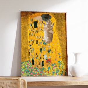 Gustav Klimt The Kiss Cat Print, Klimt Cat Poster, Cat Art, Floral Print, Wall Art Decor, Cat Lover Gift, A1/A2/A3/A4 image 1