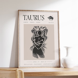 Op de afbeelding: Een printable poster met een minimalistisch ontwerp met een zwart silhouet van een vrouw met een Stier-sterrenbeeld. De poster heeft een beige achtergrond en bevat de tekst "Taurus", "Earth - Venus - Fixed", "The Bull", "April 19 - May 20" en "Devoted - Patient - Dependable".