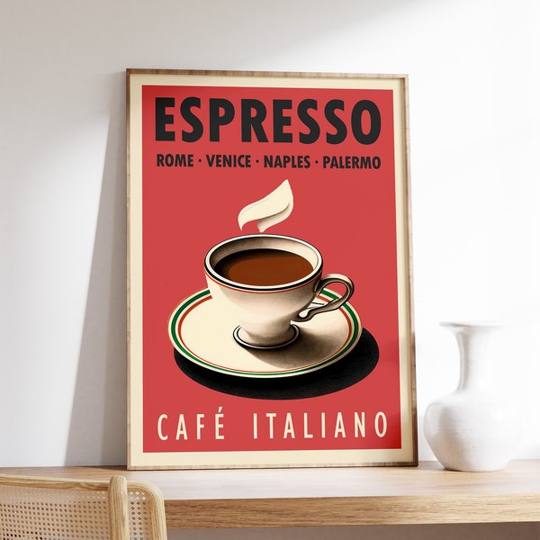Espresso Coffee Print, Italian Coffee Art Poster, Kitchen Decor, Retro Coffee Print, VIntage Food Print, Food and Drink Wall Art