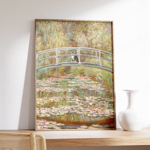 Monet Waterlily Cat Art Print, Floral Wall Decor