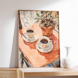 Retro koffieafdruk, vintage bloemen koffie illustratie poster, voedselafdruk, keukendecor, vintage voedselafdruk, Italiaans reisdecor, vintage
