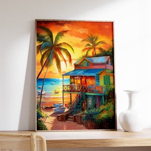 Caribbean Poster, Caribbean Wall Art, Tropical Decor, Scenery Poster, Tropical Art Print, Floral Art, Floral Decor, Black Gift, A1/A2/A3/A4