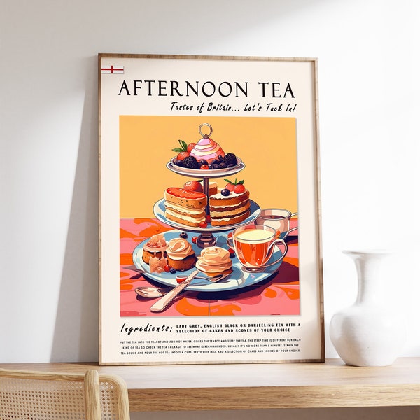 Afternoon Tea Food Poster, English Food and Drink Print, London Print, Kitchen Decor, Food and Drink Art, English Gift, Food Gift