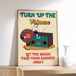 Retro 70&#39;s Music Poster, Turn up the Volume, Trippy Psychedelic Decor, Vintage 70&#39;s Wall Art, Peace Poster, Music Gift, Music Art