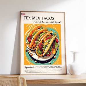 Amerikanisch Tex Mex Tacos Poster, Mexikanisches Essen, USA Food Art, Amerikanisches Essen Poster, New York Print, Küchen Dekoration, Essen Geschenk