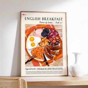 Póster de comida de desayuno inglés, póster de cocina, impresión de Londres, póster de cocina, arte de comida de desayuno, impresión retro, regalo de comida A1/A2/A3/A4