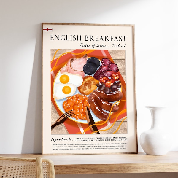 English Breakfast Food Poster, Cooking Poster, London Print, Kitchen Poster, Breakfast Food Art, Retro Print, Food Gift A1/A2/A3/A4
