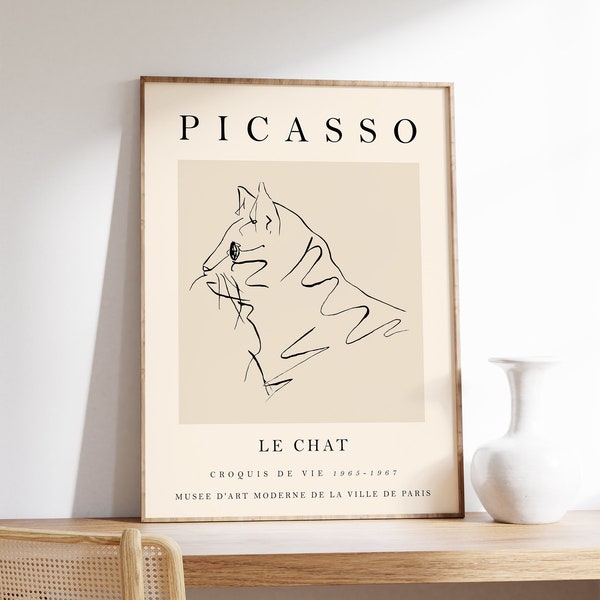 Póster de gato beige de Picasso, póster de gato, impresión de gato, impresión artística minimalista vintage, dibujo lineal, impresión artística, arte para dormitorio, idea de regalo, tamaño A1/A2/3/A4