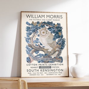 William Morris Floral Owl Art Print, William Morris Exhibition Poster, Vintage Poster, Animal Art, Floral Print, Wall Art Decor