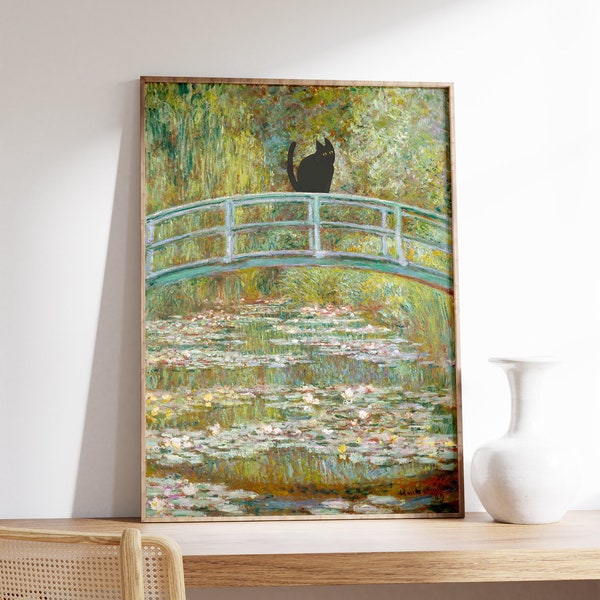Monet Waterlily Cat Print, Claude Monet Cat Poster, Cat Art, Floral Print, Wall Art Decor, Cat Lover Gift, A1/A2/A3/A4