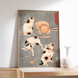 Japanese Cat Poster, Utagawa Kuniyoshi Four Cats in Different Poses, Cat Poster, Cat Print, Japanese Art Poster, Animal Art Print, Gift