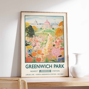 May include: A vintage travel poster for Greenwich Park in London, England. The poster features a colourful illustration of the park with a view of the Royal Observatory in the background. The text on the poster reads "Greenwich Park" and "Nearest Underground Station: Jubilee Line - North Greenwich Station - SE10 8QY."