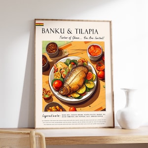 Banku en Tilapia Ghanees eten poster, Afrikaans eten print, Ghana food Art, Afrikaans eten poster, exotische etenskunst, keukendecor