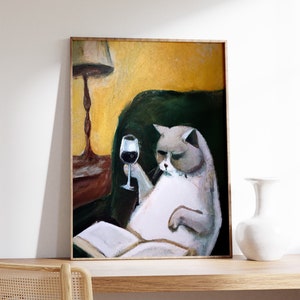 Cat Wine Funny Poster, Vintage Art Print, Drinking Wine Feline Fine! Animal Print, Animal Art, Wall Art Decor, Cat Gift, A1/A2/A3/A4