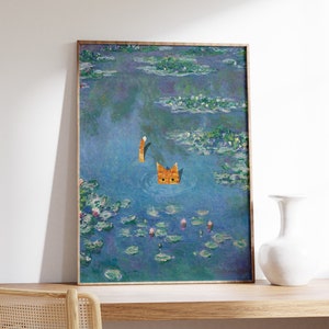 Monet Waterlily Cat Print, Claude Monet Cat Poster, Cat Art, Floral Print, Wall Art Decor