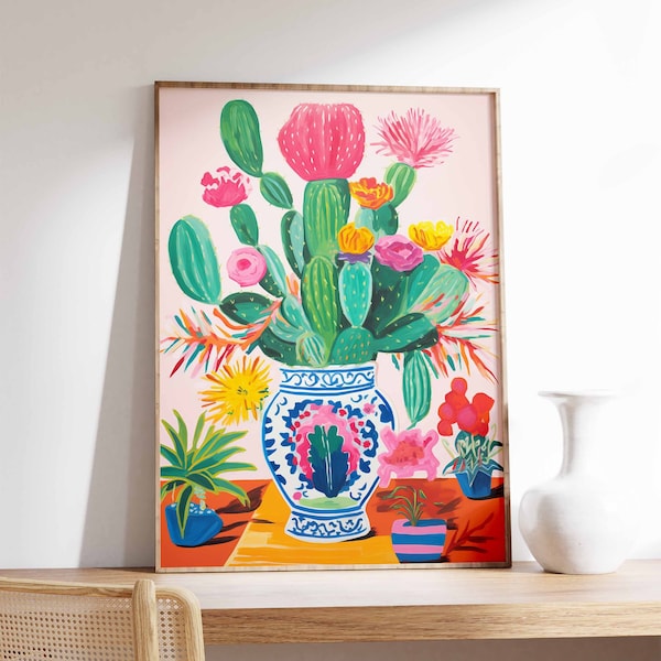 Vintage Mexican Cactus Poster, Colourful Mexican Art Print, Traditional Mexican Artwork, Floral Vintage Poster, Latin Decor, Cultural Gift