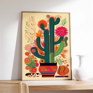 Vintage Mexican Cactus Poster, Colourful Mexican Art Prints, Traditional Mexican Artwork, Floral Vintage Poster, Latin Decor, Cultural Gift