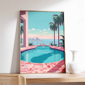 Miami Pool Print, 80&#39;s Swimming Pool Poster, Retro Florida Beach Art, Tropical Wall Art, Pop Art, Sunset Poster, Retro City Print, Gift