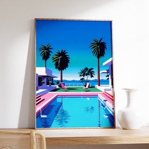 Impresión de piscina de Los Ángeles, póster de piscina de los años 80, arte retro de playa de California, arte pop vibrante, póster de puesta de sol, impresión de ciudad retro, regalo de arte