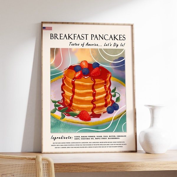 Pancakes Food Art, Poster di cibo americano, Poster della colazione, Stampa della colazione, Poster della cucina, Arte del cibo, Stati Uniti, Stampa retrò, Regalo alimentare