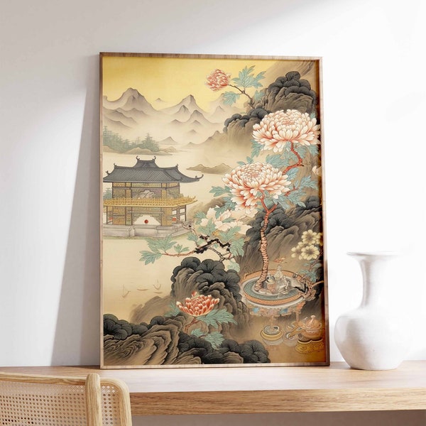 Lámina de arte vintage chino, arte chino, arte vintage, arte oriental, lámina china, decoración asiática, arte paisajístico, arte floral, idea de regalo