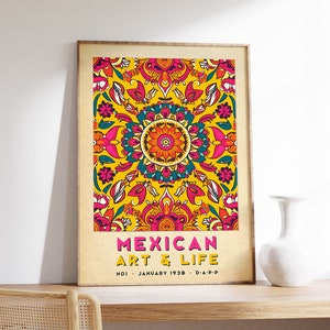 Mexican Art and Life Poster, Colourful Mexican Art Prints, Traditional Mexican Artwork, Floral Vintage Poster, Latin Decor, Cultural Gift