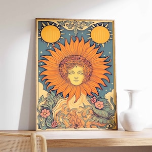 Zon poster, mystieke astrologie print, zon tarot decor, hemelse muur kunst, boho poster, tarotkaart muur print, ruimtekunst, a1/a2/a3/a4