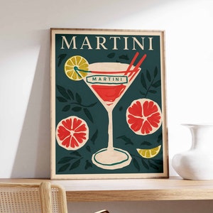 Póster de cóctel Martini, impresión artística de cóctel, arte de bar de cócteles, decoración de cocina, póster de cocina, arte de bebidas, decoración de restaurante, decoración de cafetería