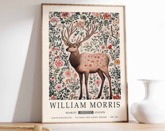 Impression de cerf William Morris, affiche animalière botanique vintage