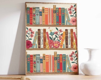 Póster vintage de estantería de biblioteca, arte floral de libros