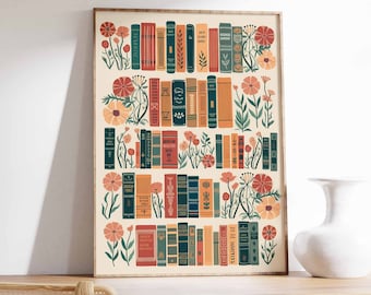 Vintage Library Poster, Books and Flowers Art Print