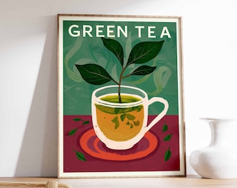 Groene thee kunstprint, kruidentheeposter, keukendecor