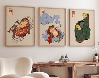 Japanese Set of 3 Frog Posters, Japanese Frog Prints, Funny Frogs, Matsumoto Hoji Wall Art Decor, Animal Art, Animal Art A1/A2/A3/A4