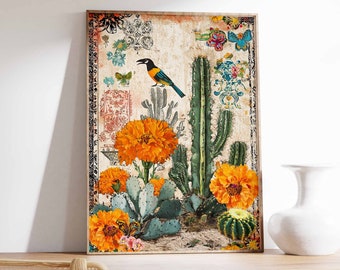 Vintage Mexican Poster, Mexican Prints, Mexican Decor, Traditional Latin Decor, Floral Print, Botanical Wall Art, Tropical Print, Latin Art