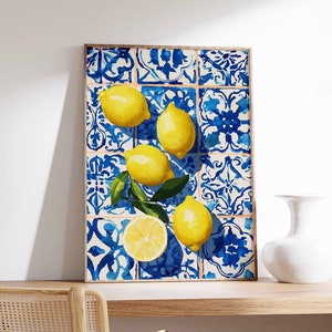 Lemons on Table Poster, Mediterranean Kitchen Print