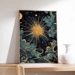 Affiche soleil et lune, affiche céleste, décoration spirituelle, affiche vintage, impression rétro, affiche des années 70, affiche bohème, art mystique, art de la méditation