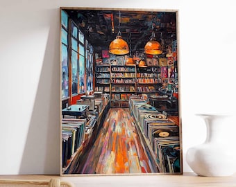 May include: A painting depicting the interior of a record store, featuring rows of vinyl records on shelves and a wooden floor. The store is illuminated by hanging light fixtures. The artwork is rendered in a colourful, abstract style.