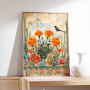 Vintage mexikanische Poster, mexikanische Drucke, mexikanische Dekoration, traditionelles lateinisches Dekor, Blumendruck, Botanische Wandkunst, Tropischer Druck, lateinische Kunst
