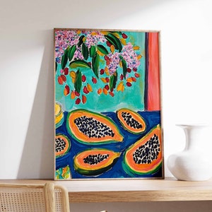 Papaya Poster, Tropisches Dekor, Obst Poster, Food Poster, Küchendekoration, Essen und Trinken, Küchen Wandkunst, Food Decor, Geschenk für Feinschmecker