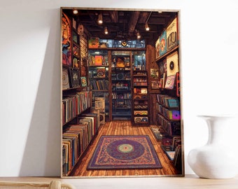May include: A vintage record store interior with wooden shelves filled with vinyl records. The shelves are lined with rows of colorful album covers. A patterned rug covers the wooden floor.