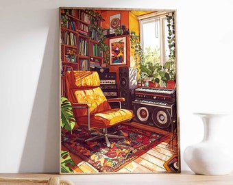 May include: A digital art print of a retro living room with a yellow armchair, a bookshelf, a vintage keyboard, and a rug with a colorful pattern.