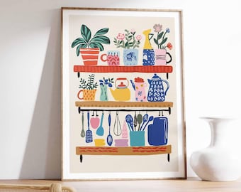 Colorful Kitchen Wall Art, Kitchen Decor, Floral Poster, Boho Scandinavian Decor, Kitchen Poster, Shelf Poster With Utensils and Flowers