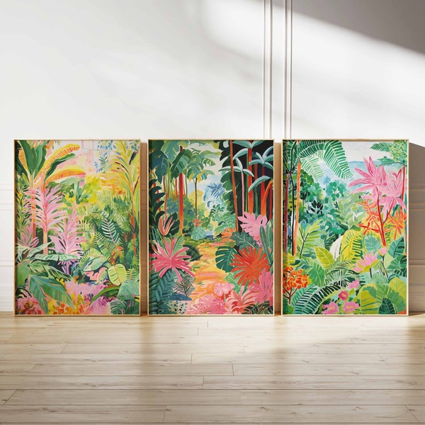 Botanisches Set mit 3 Drucken, bunte Boho Blumenwandkunst, botanisches Plakat, tropisches Dekor, Dschungelästhetik, Blumenwandkunst, Blumengeschenk